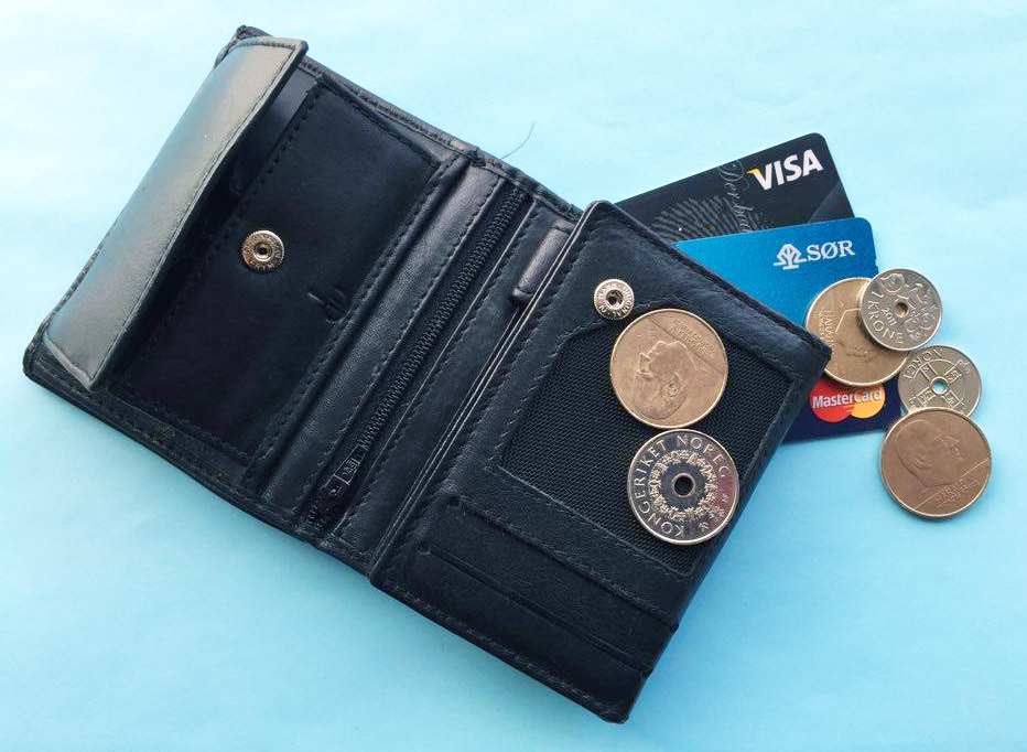 Lommebok med kort og mynter