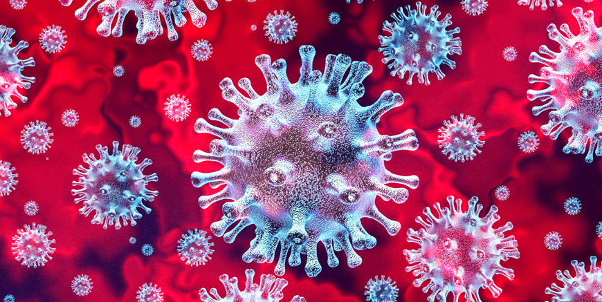 Nærbilde av Coronavirus på rød bakgrunn.